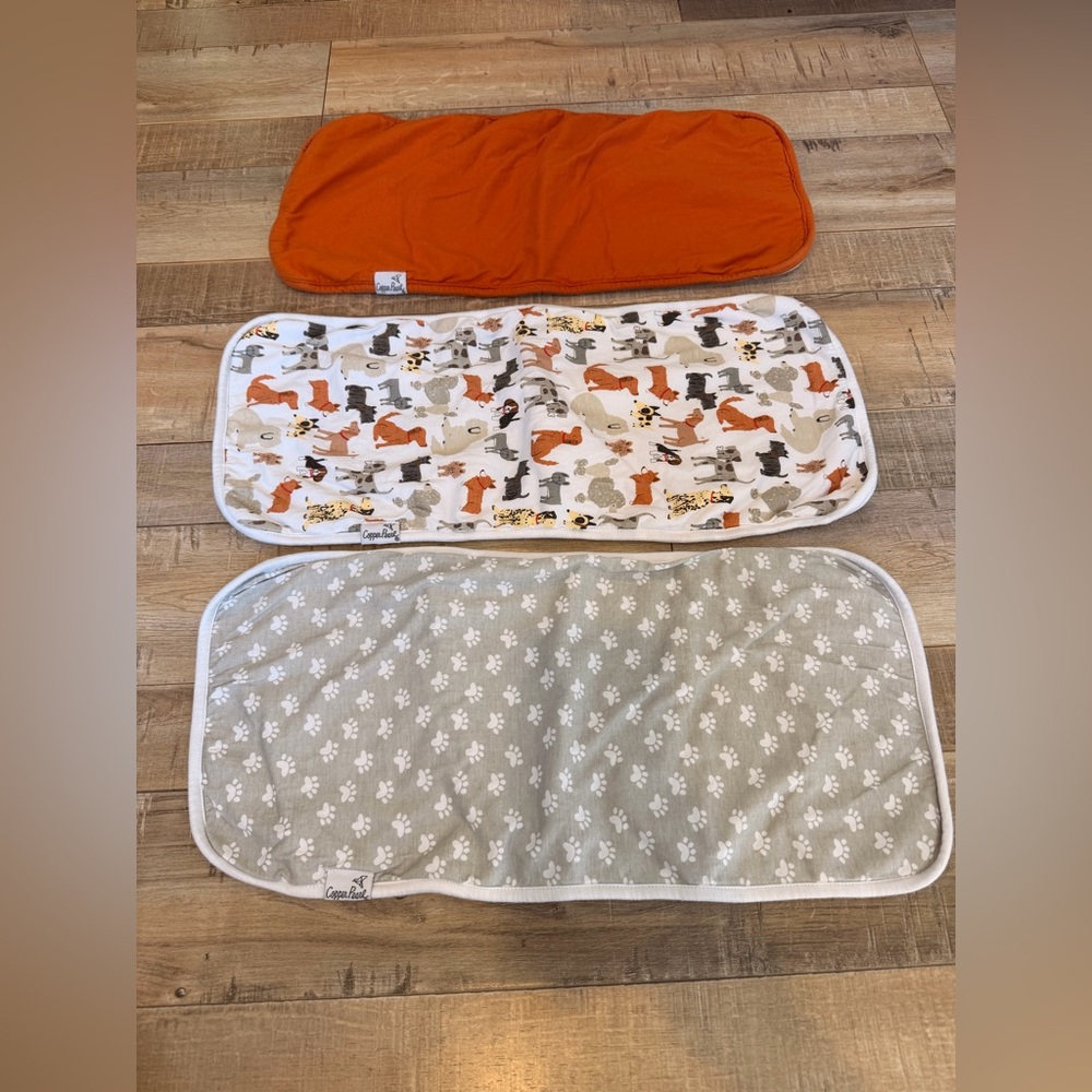 Copper Pearl Burp Cloth Set - Orange, Dog Print, and Gray Paw Print